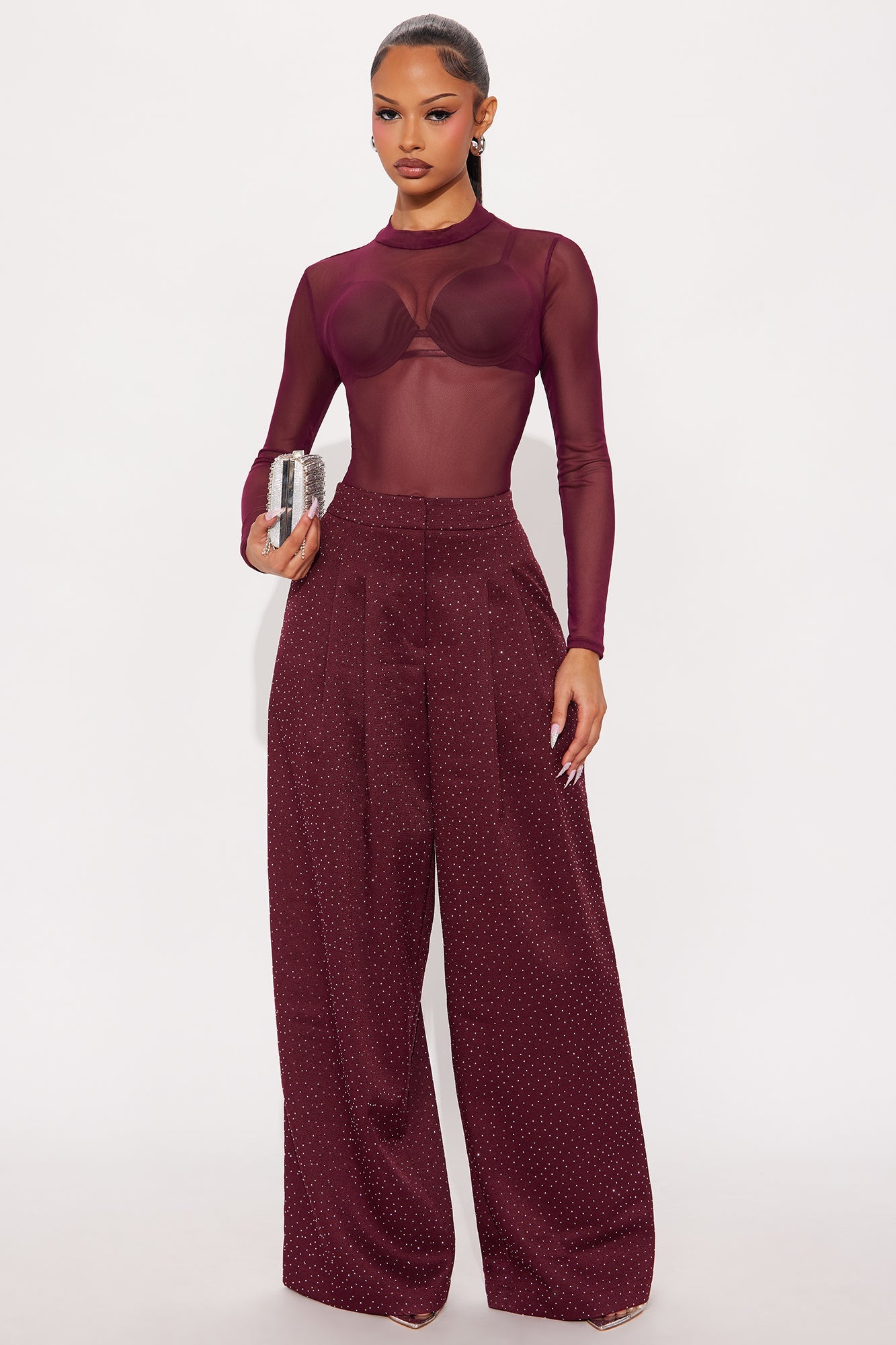 Eyes On Me Rhinestone Wide Leg Pant 32″ - Wine