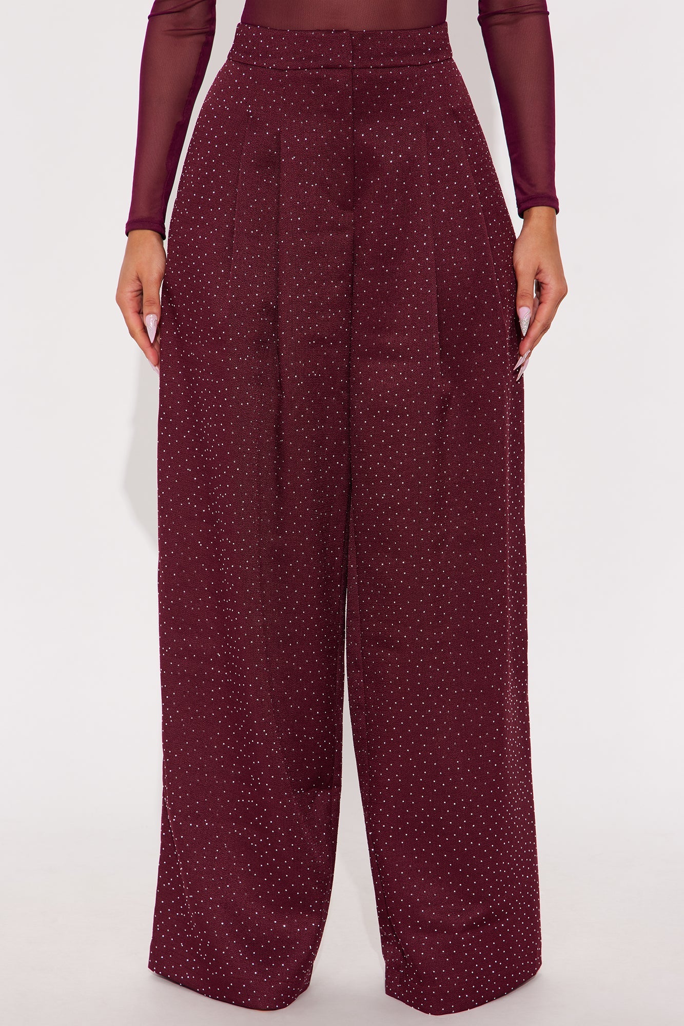 Eyes On Me Rhinestone Wide Leg Pant 32″ - Wine