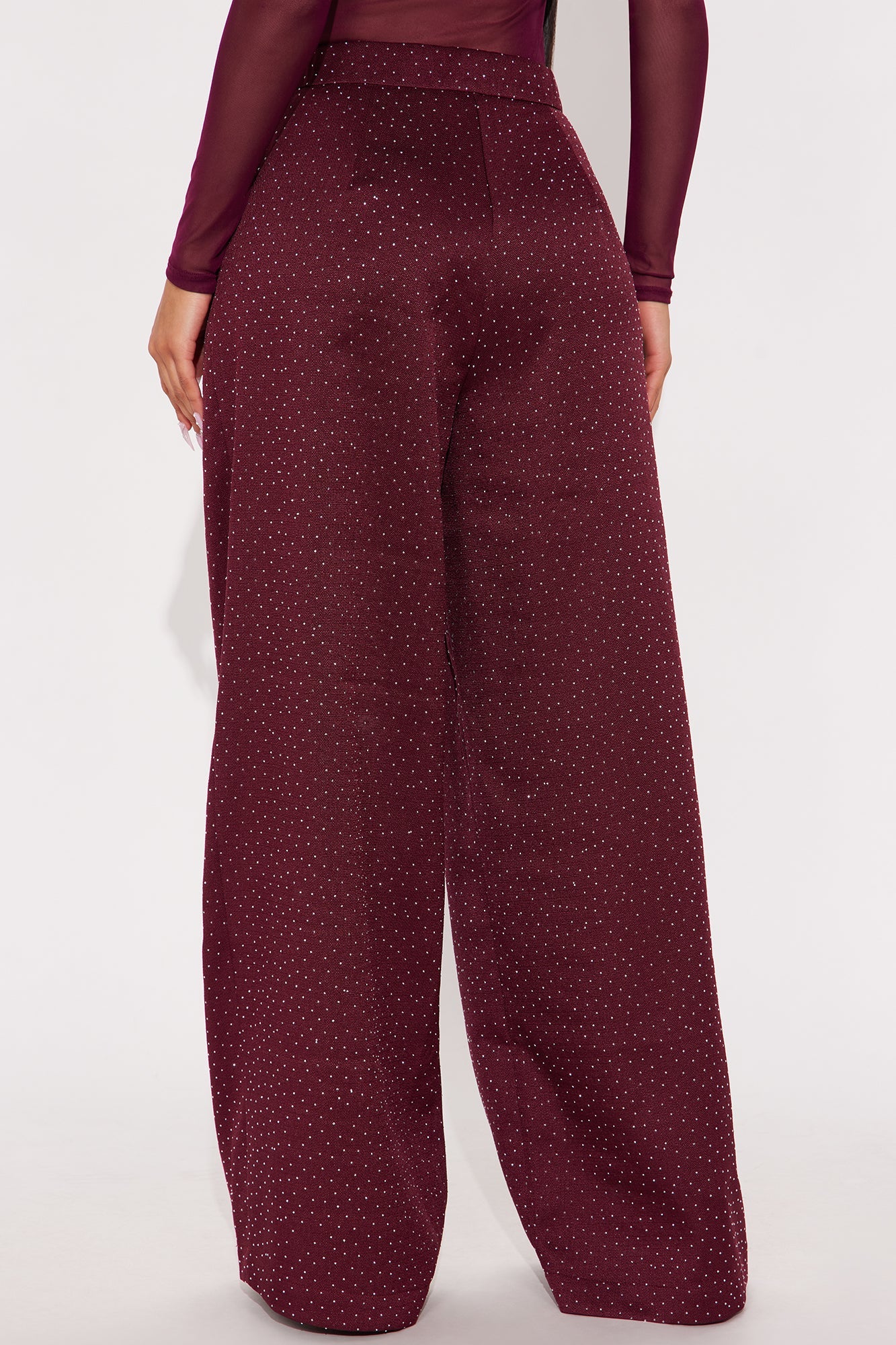Eyes On Me Rhinestone Wide Leg Pant 32″ - Wine