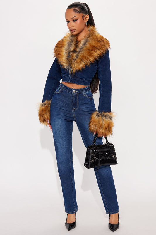 Mane Attraction Faux Fur Denim Pant Set - Dark Wash