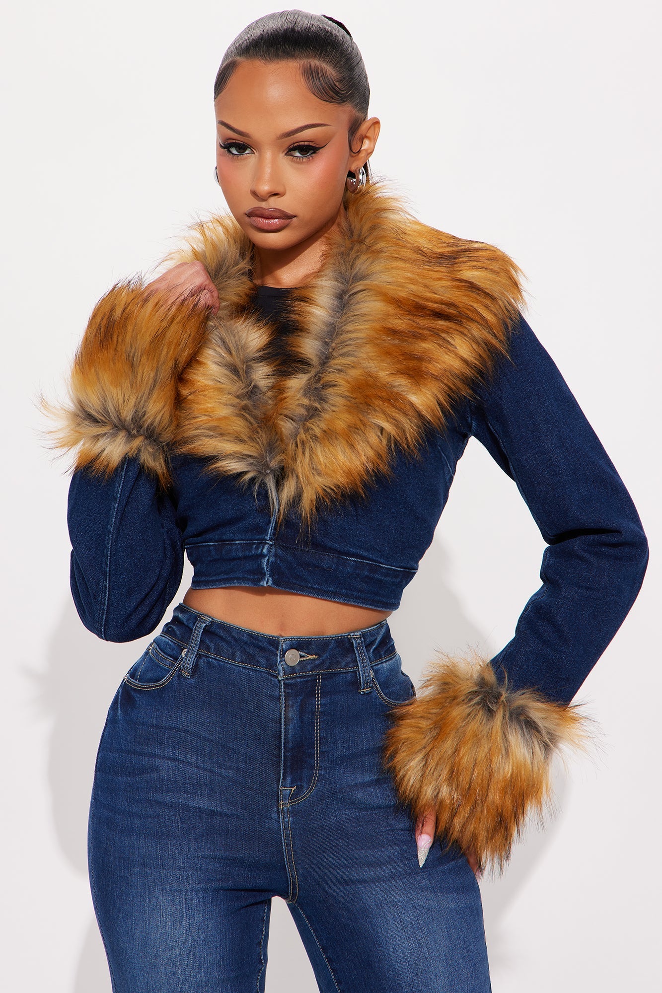 Mane Attraction Faux Fur Denim Pant Set - Dark Wash