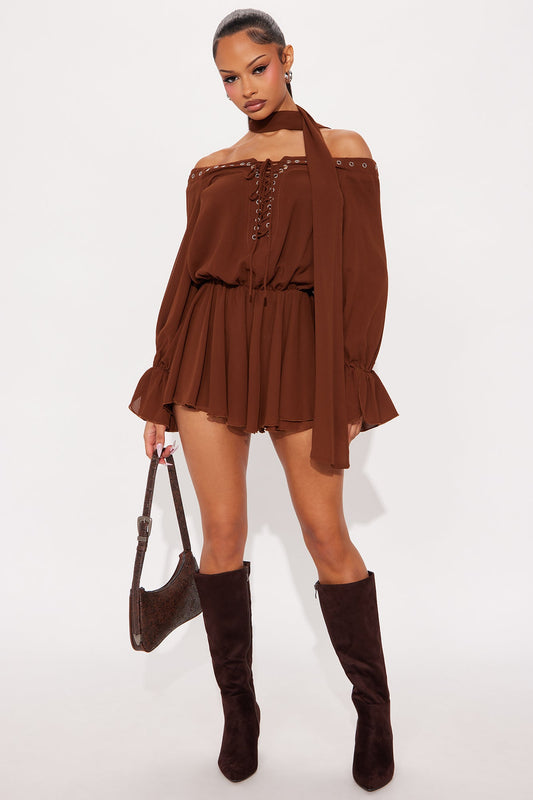 Feeling Flirty Lace Up 2 Piece Scarf Romper - Chocolate