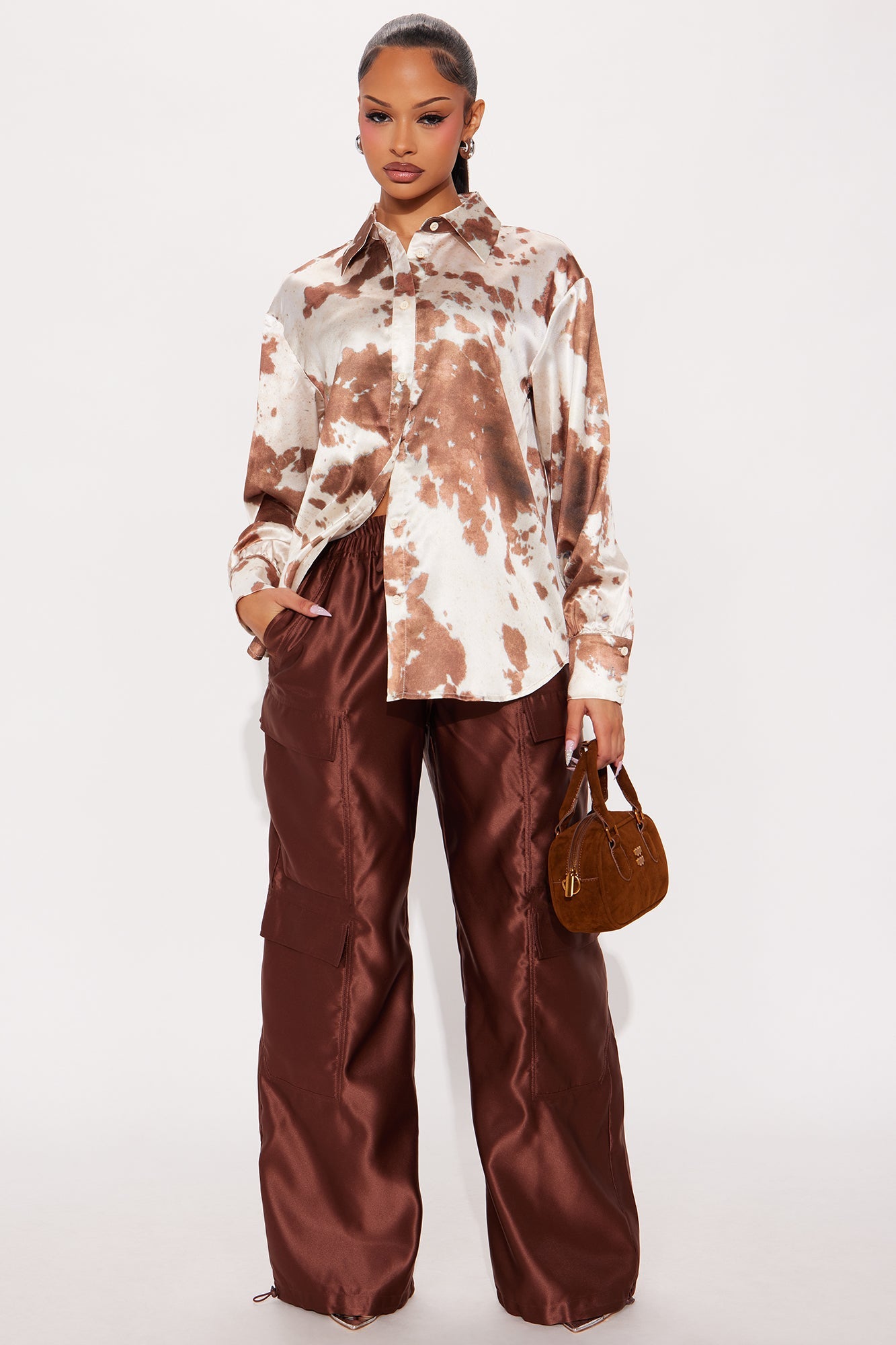 Emerson Abstract Satin Shirt - Taupe/combo