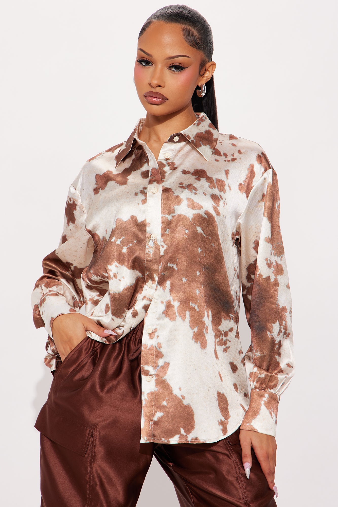 Emerson Abstract Satin Shirt - Taupe/combo