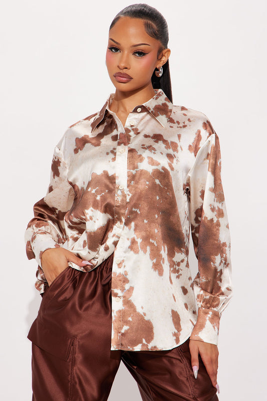 Emerson Abstract Satin Shirt - Taupe/combo