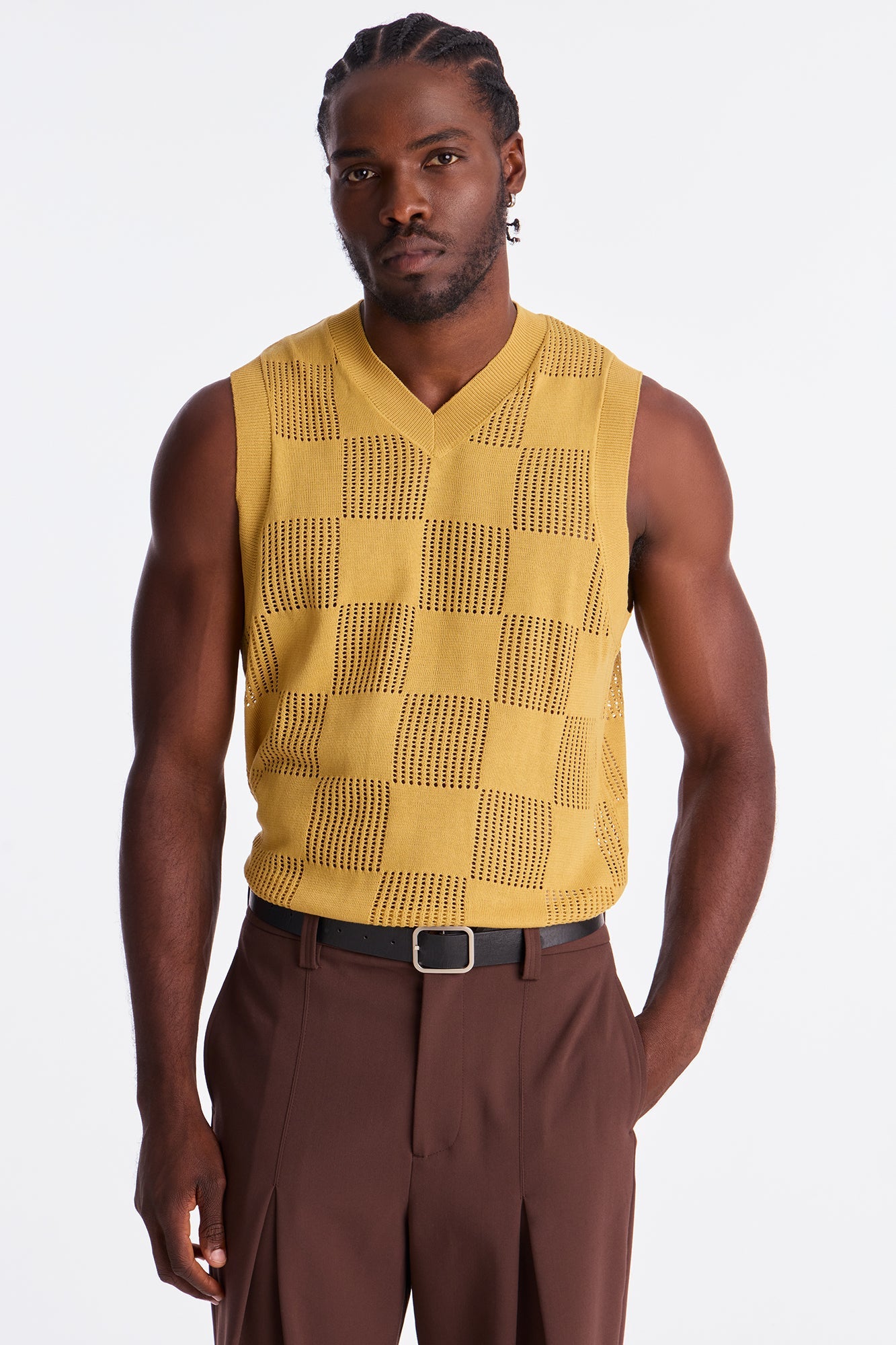Textured Tiles V-Neck Vest - Mustard