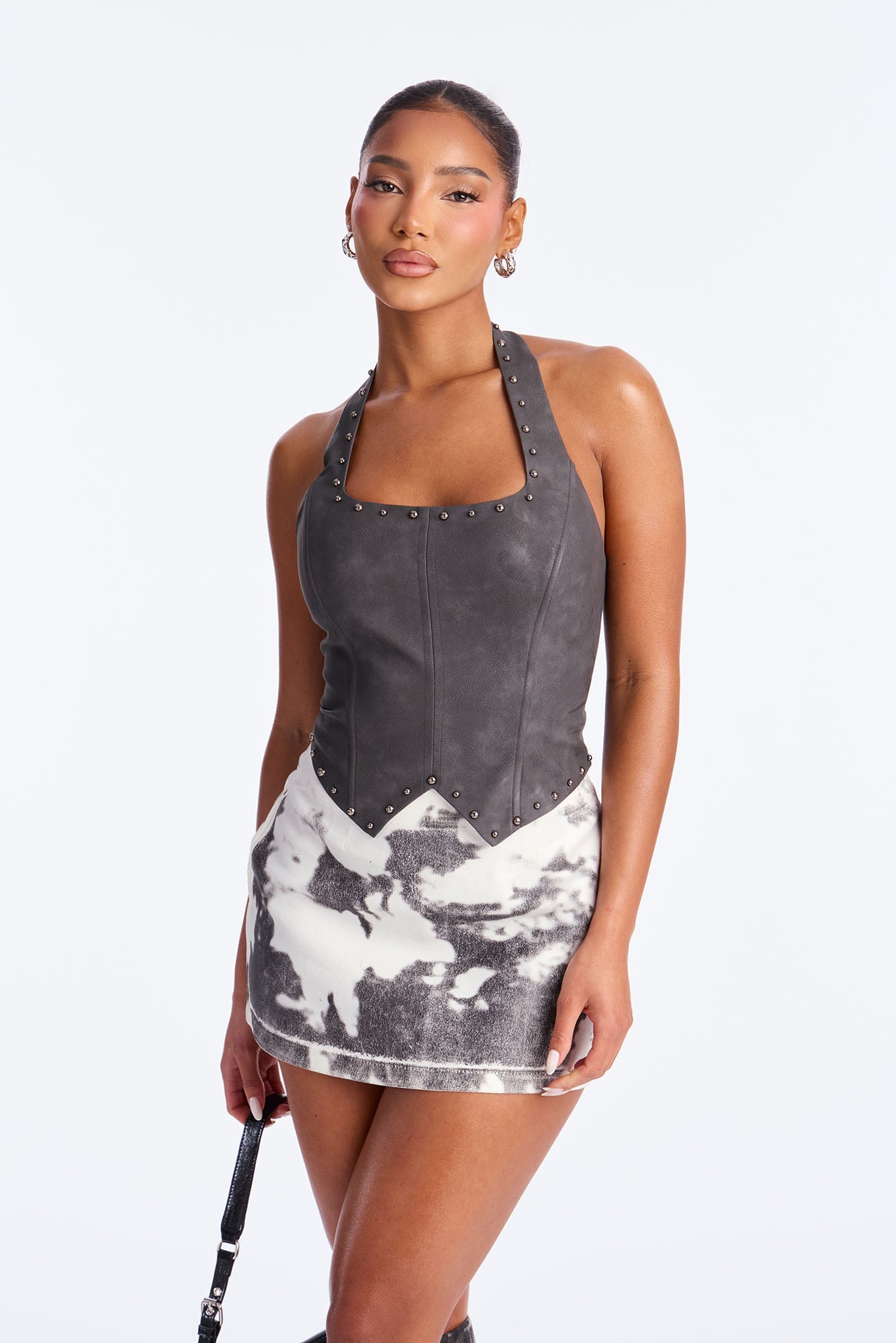 Play With Me Faux Leather Halter Top - Charcoal