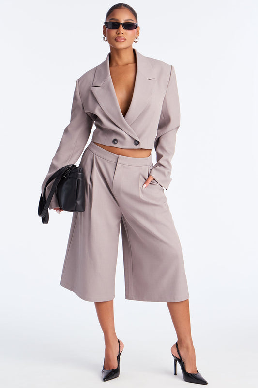Boardroom Babe Cropped Blazer Trouser Short Set - Grey