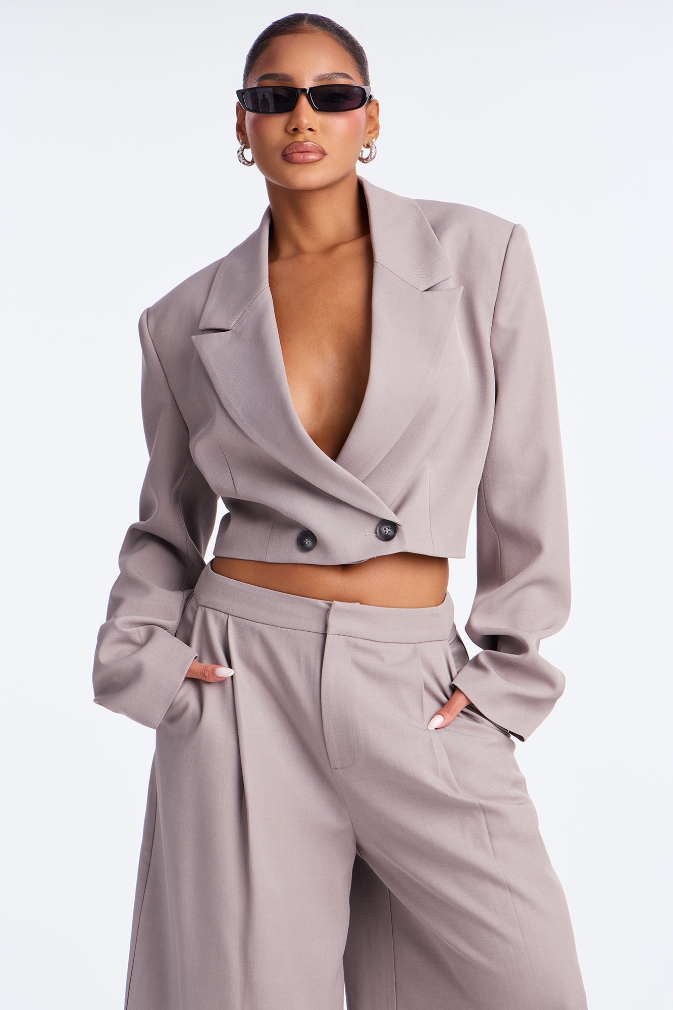 Boardroom Babe Cropped Blazer Trouser Short Set - Grey