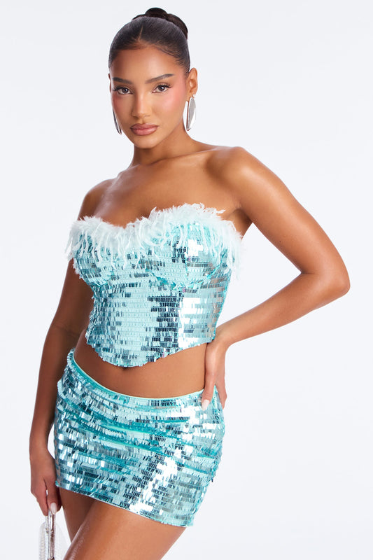 Tatum Feather Sequin Mini Skirt Set - Blue