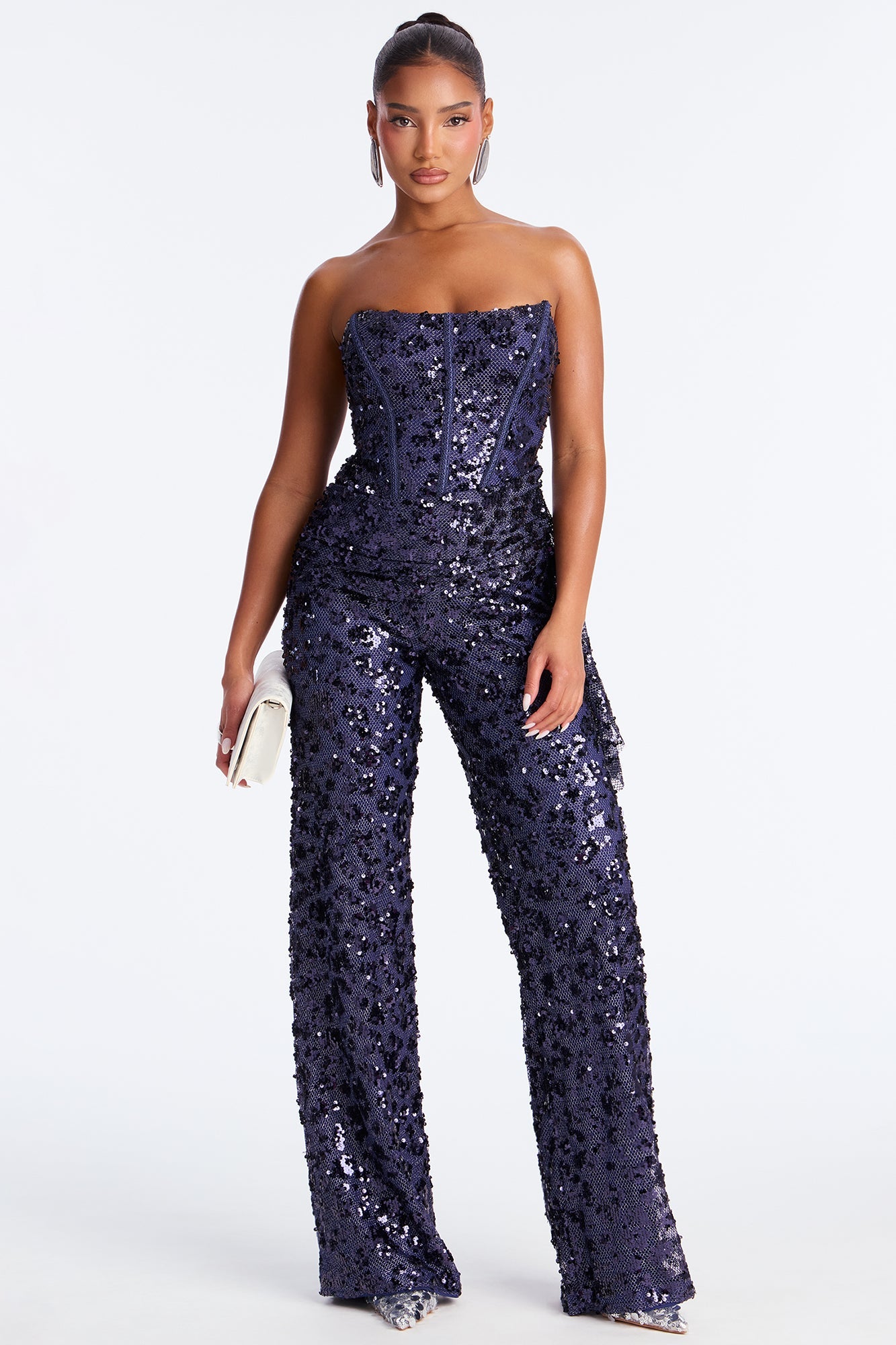 Alina Sequin Draped Wide Leg Jumpsuit - Navy