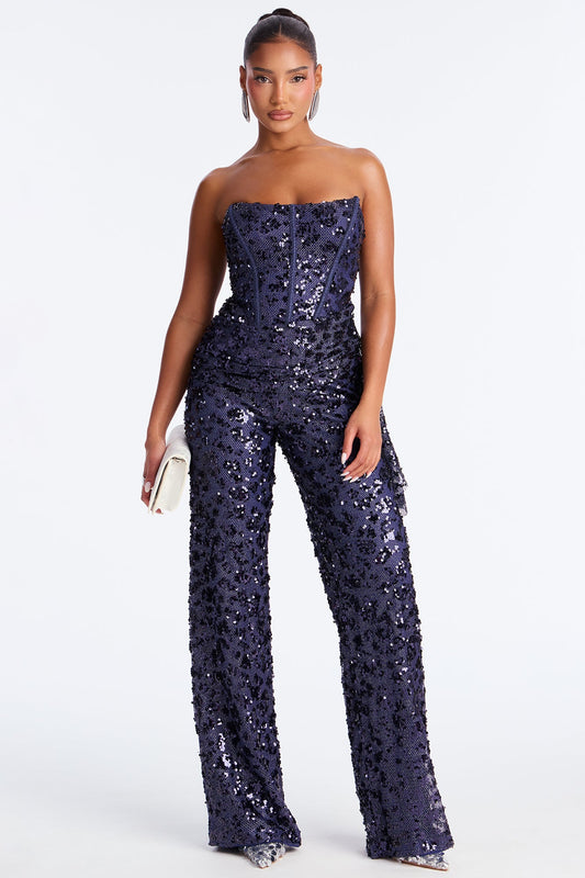 Alina Sequin Draped Wide Leg Jumpsuit - Navy