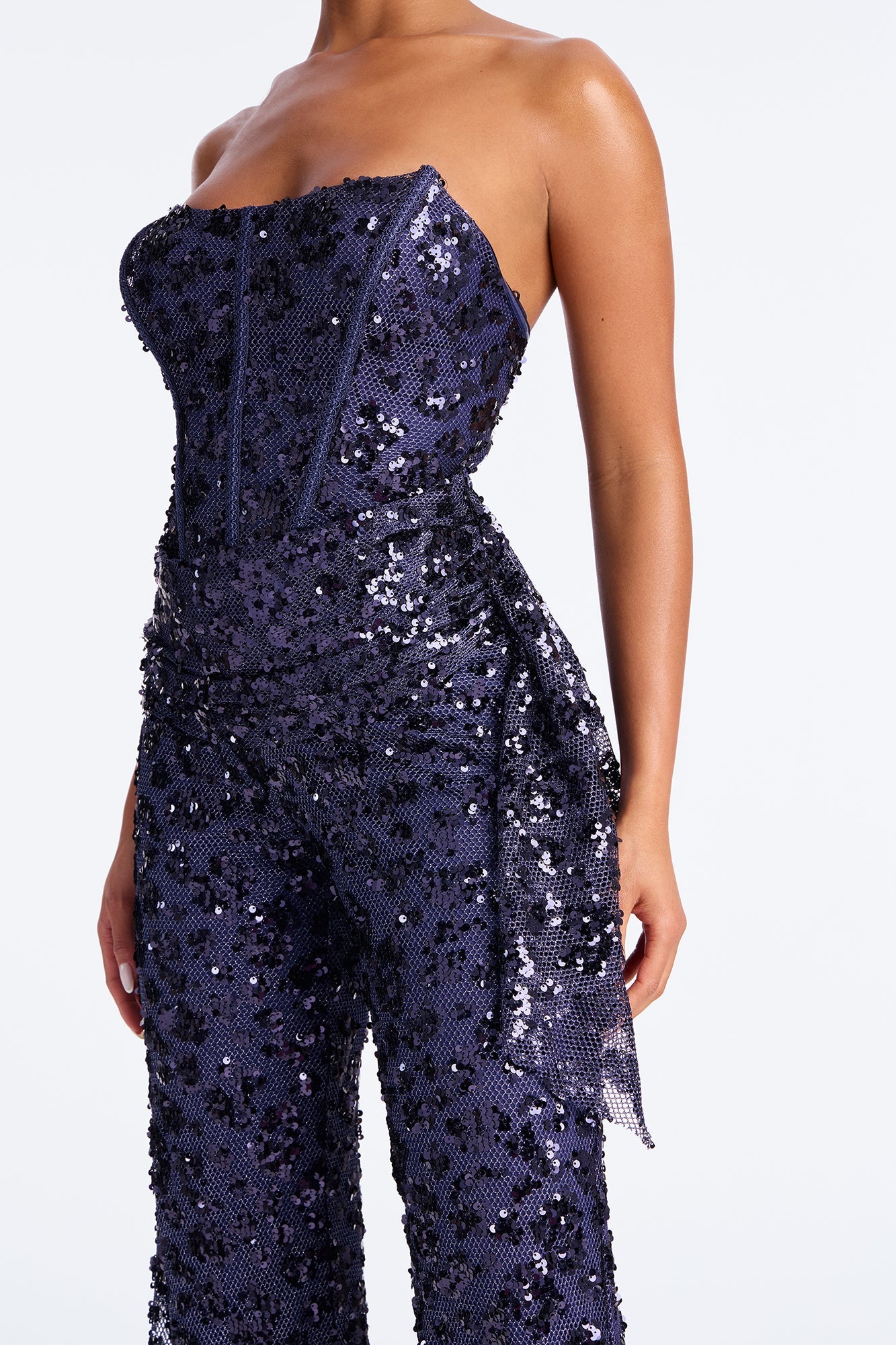 Alina Sequin Draped Wide Leg Jumpsuit - Navy