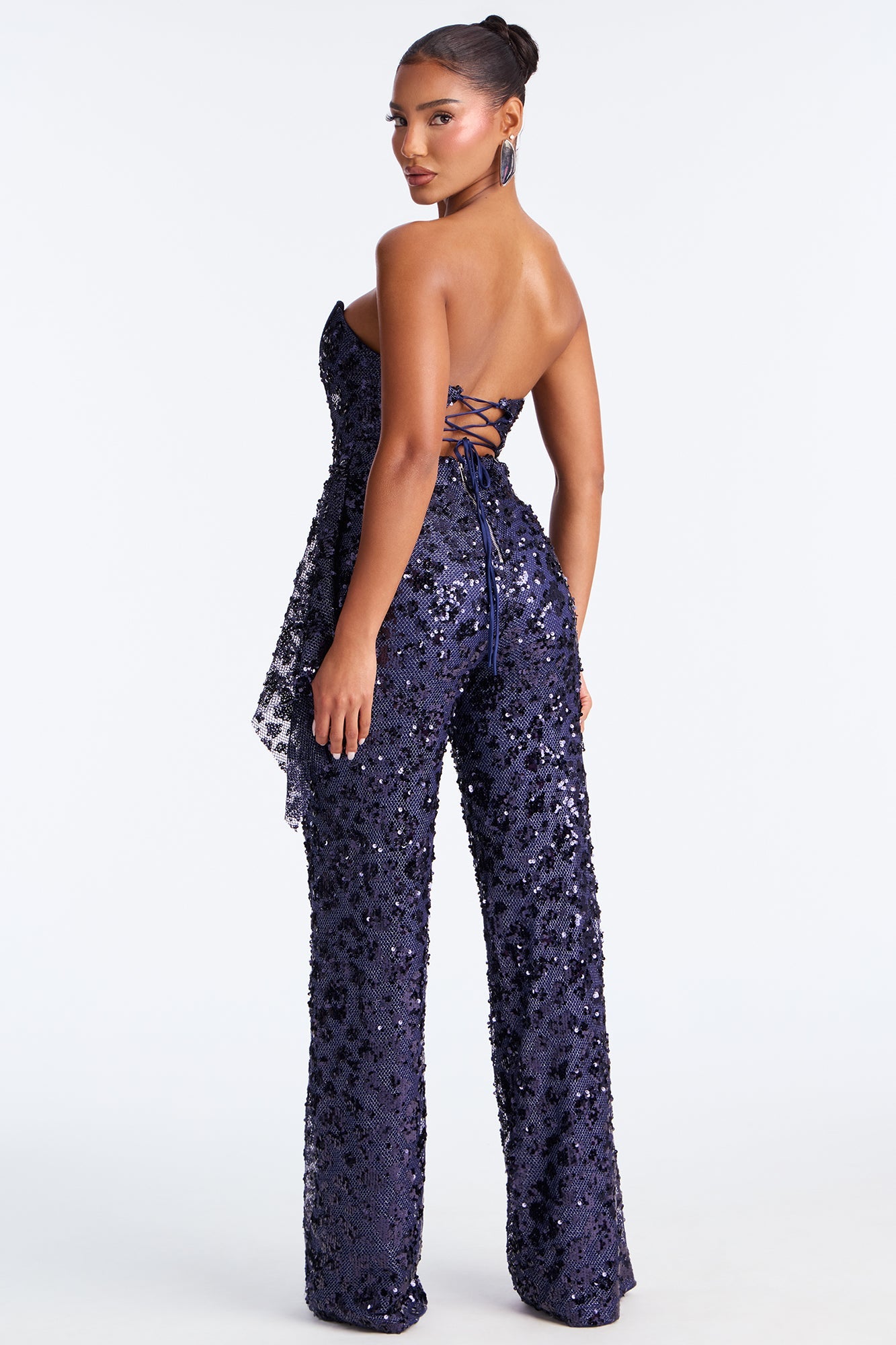 Alina Sequin Draped Wide Leg Jumpsuit - Navy