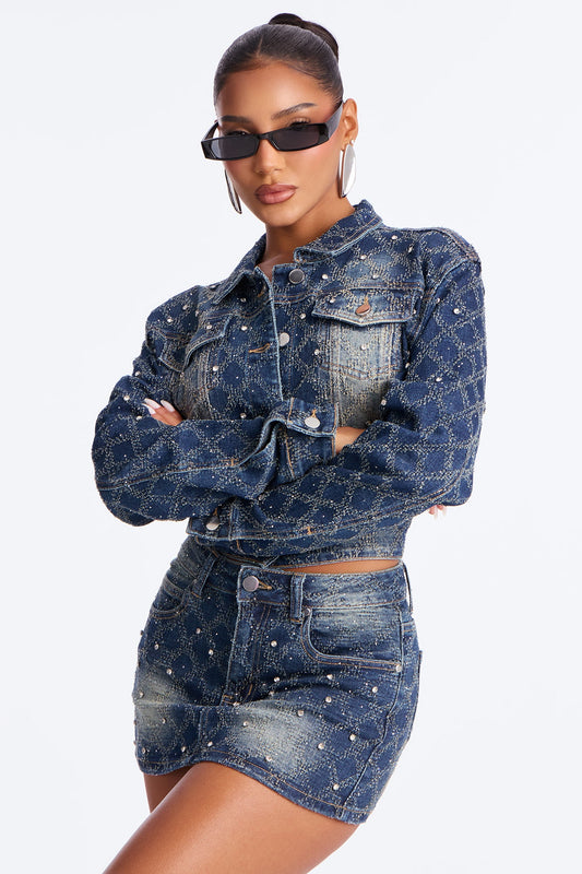 Stop And Stare Embellished Denim Trucker Jacket - Dark Wash