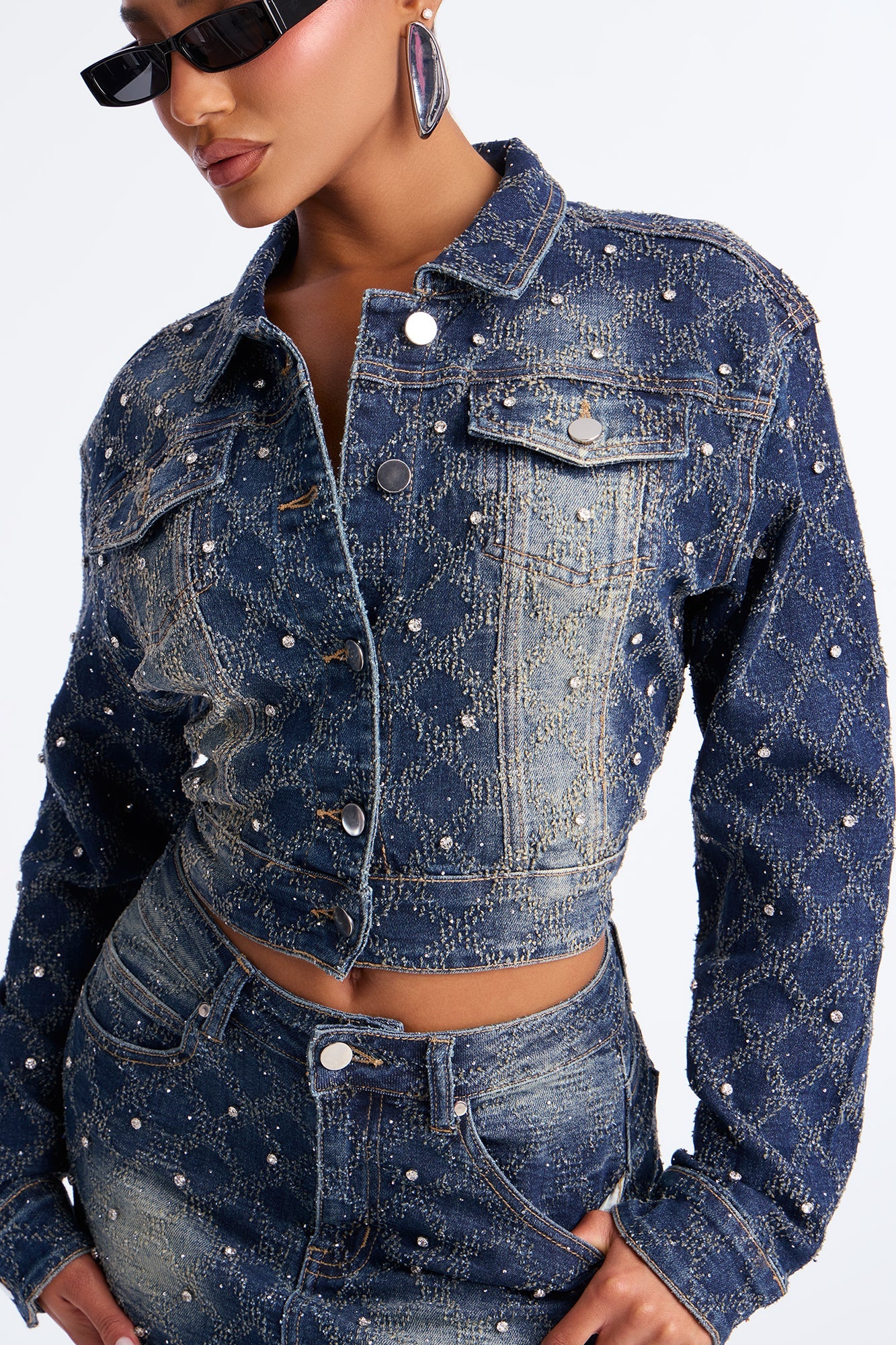 Stop And Stare Embellished Denim Trucker Jacket - Dark Wash