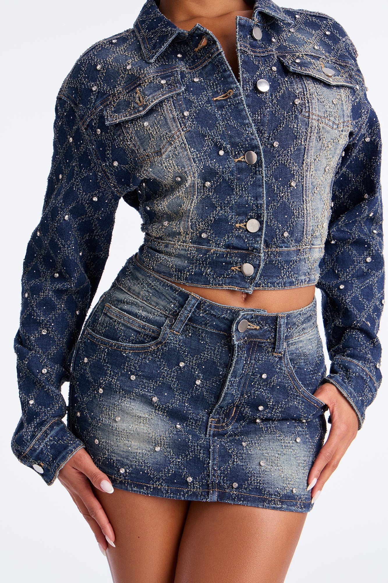Stop And Stare Embellished Denim Micro Mini Skirt - Dark Wash