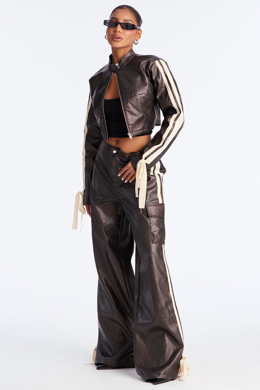 Moto Girl Faux Leather Jacket And Pant Set - Chocolate