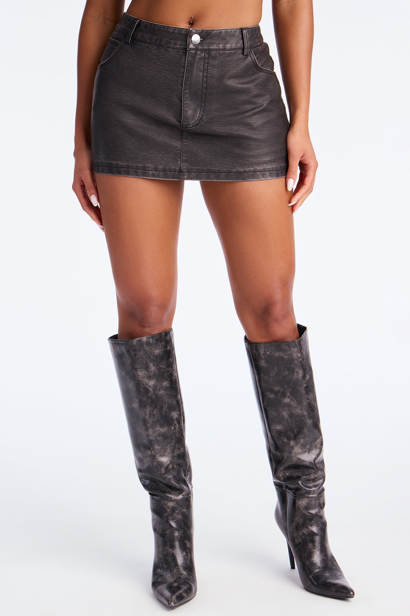 Amaya Washed Faux Leather Micro Mini Skort - Black