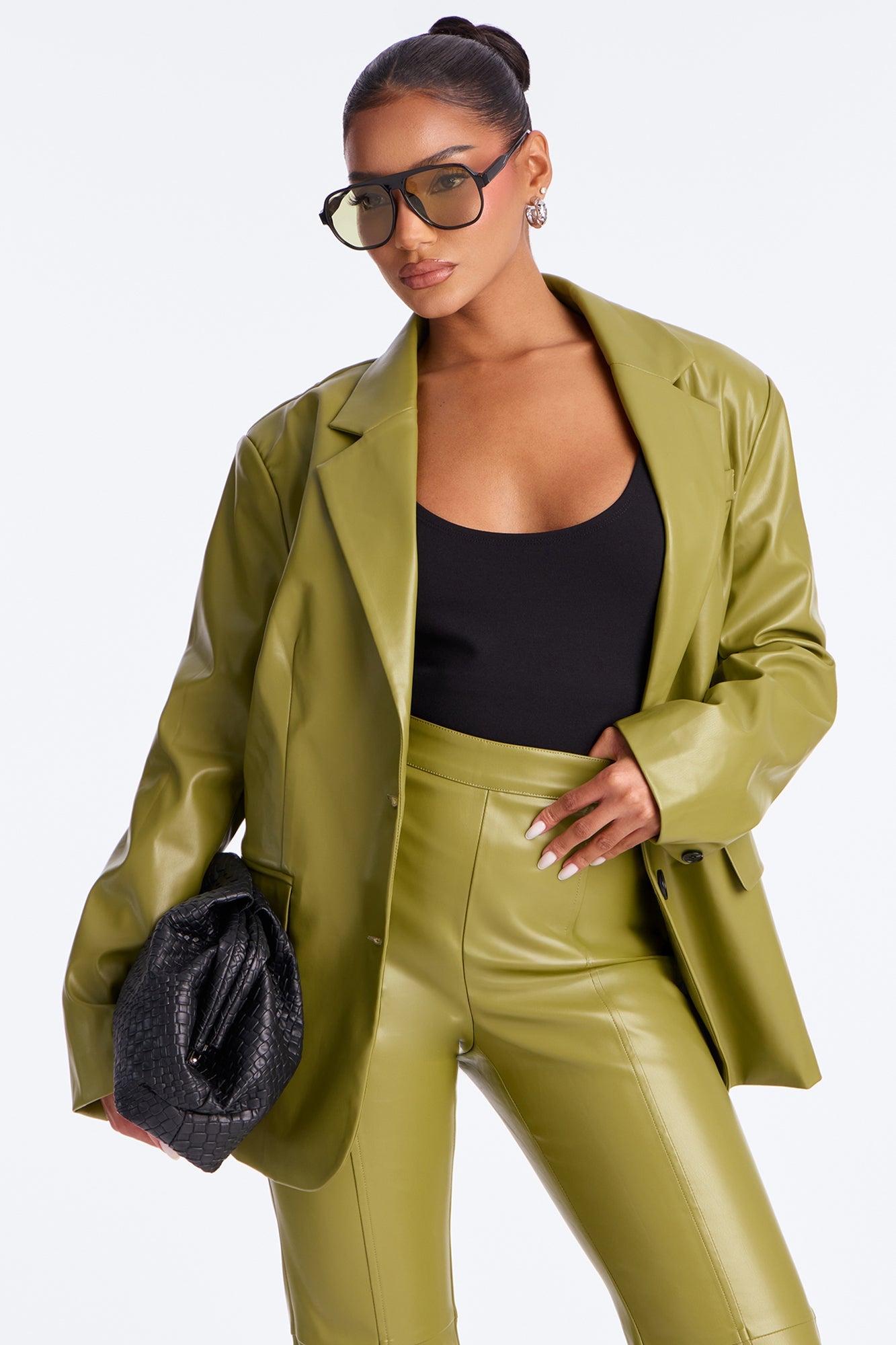 Fernanda Faux Leather Blazer Pant Set - Olive
