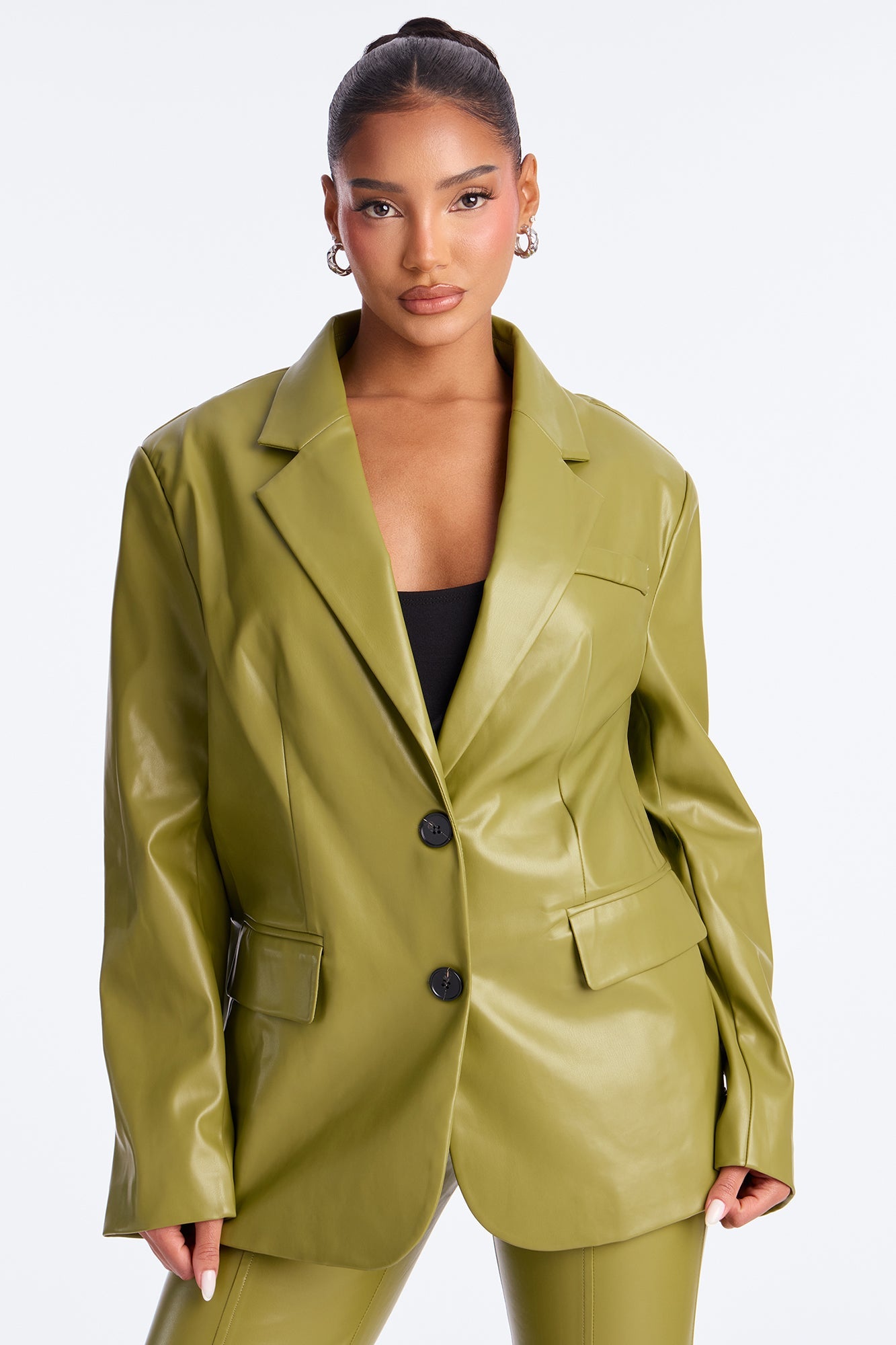 Fernanda Faux Leather Blazer Pant Set - Olive
