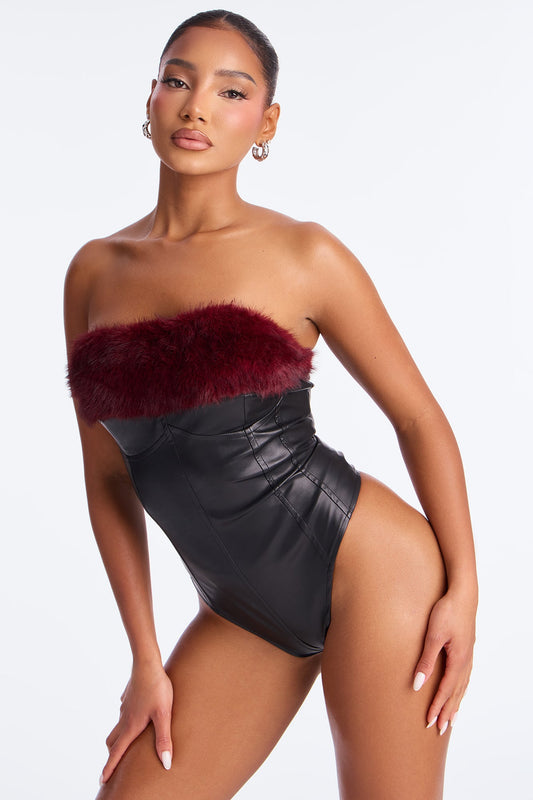 Amoret Faux Leather and Fur Trim Bodysuit - Black/combo