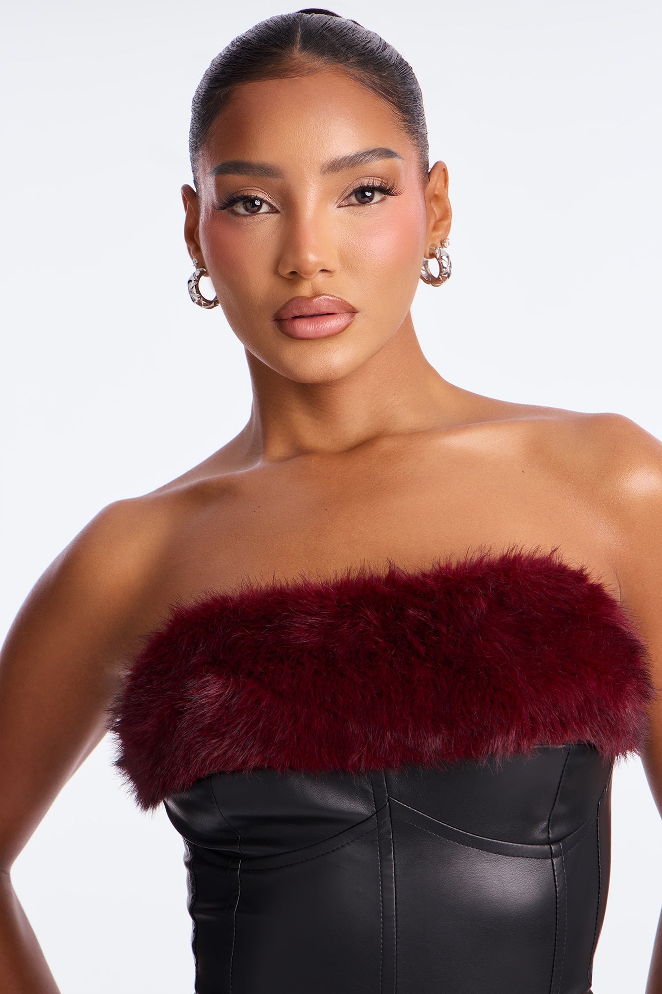 Amoret Faux Leather and Fur Trim Bodysuit - Black/combo
