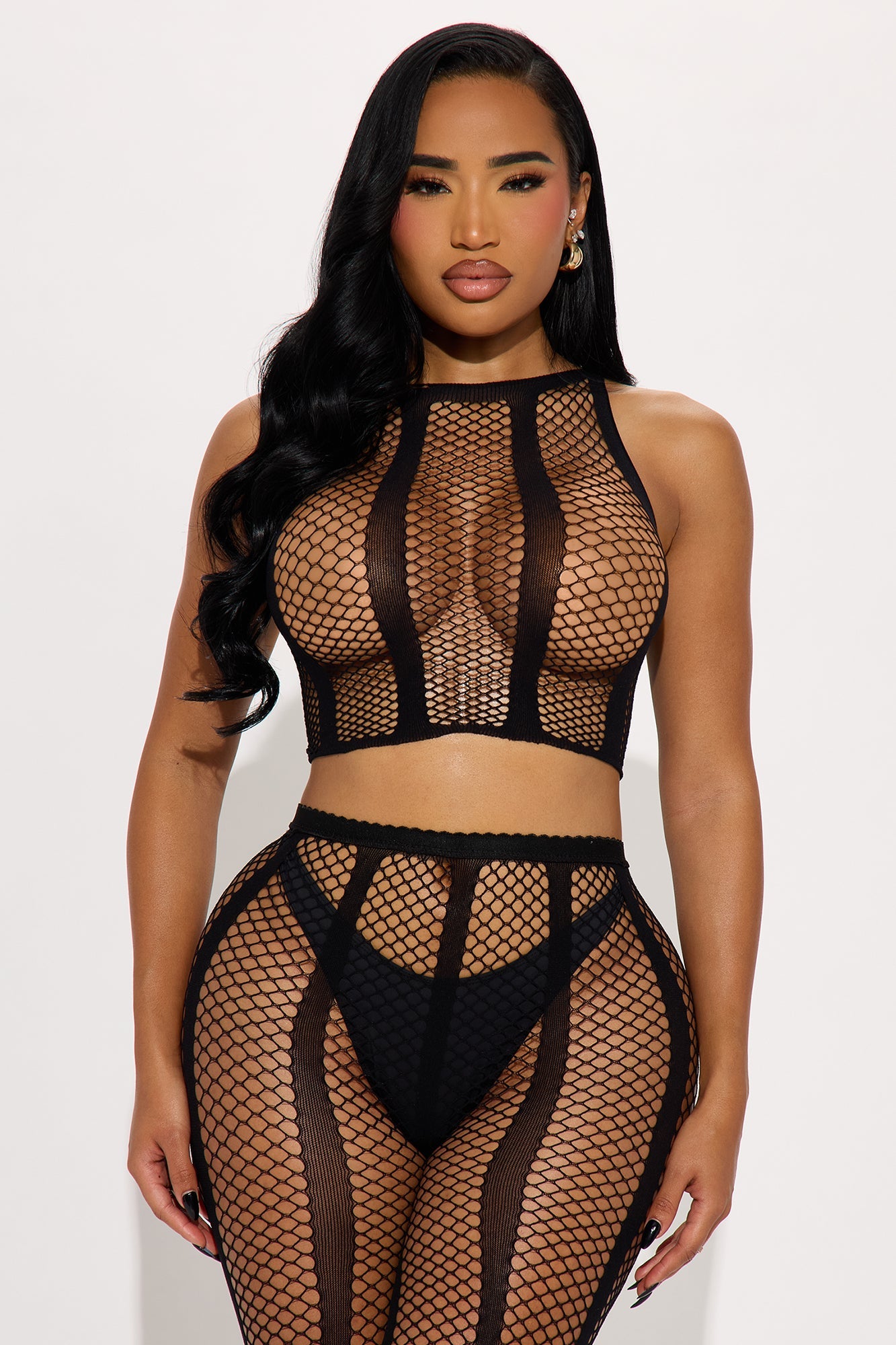 Sneak Peak Fishnet 2 Piece Matching Set - Black