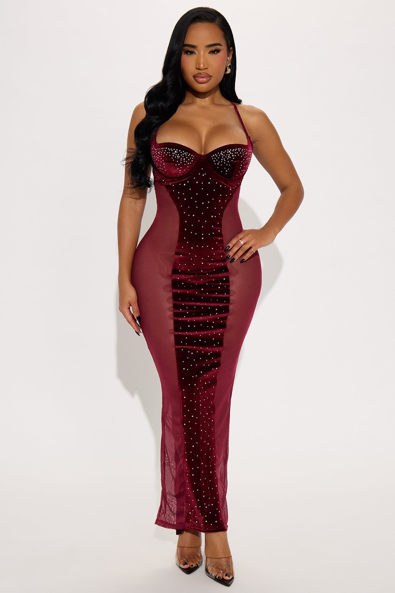 It Girl Rhinestone Mesh Maxi Gown - Wine