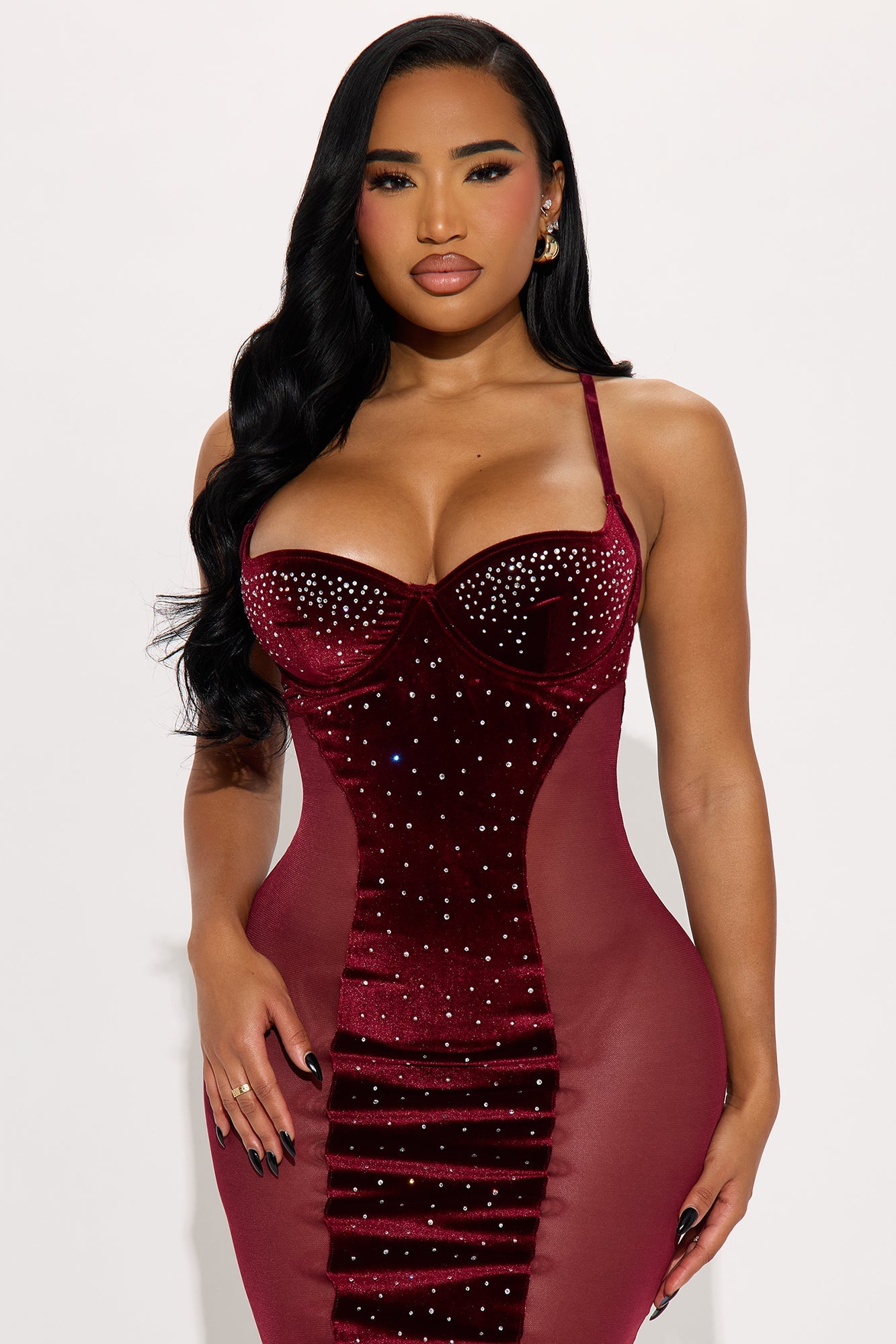 It Girl Rhinestone Mesh Maxi Gown - Wine