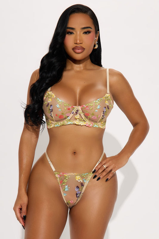 Your Secret Garden Embroidered Mesh Bra and Thong Set - Nude/combo