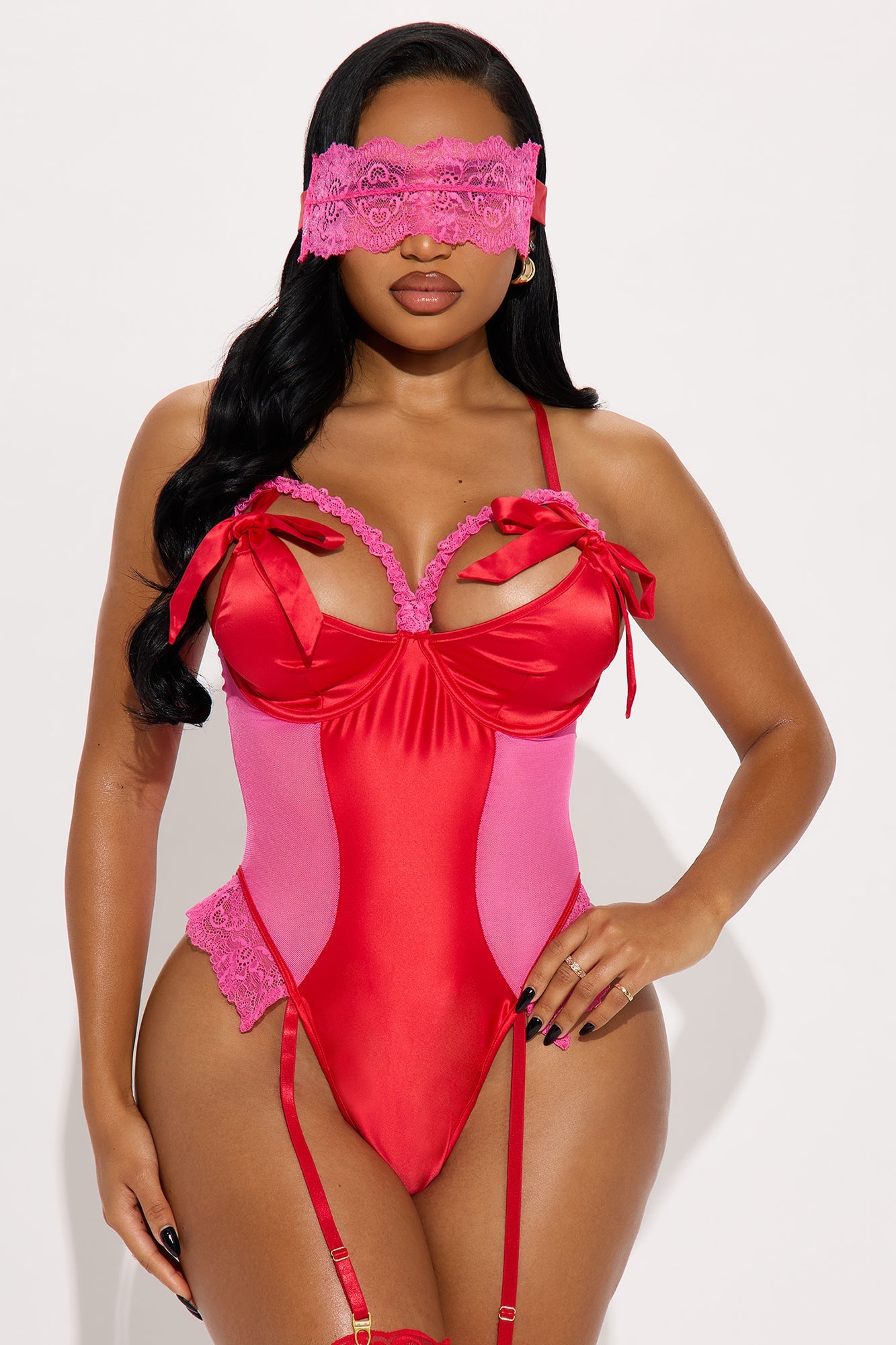 Secret Admirer Open Back Garter Teddy Set - Red/combo