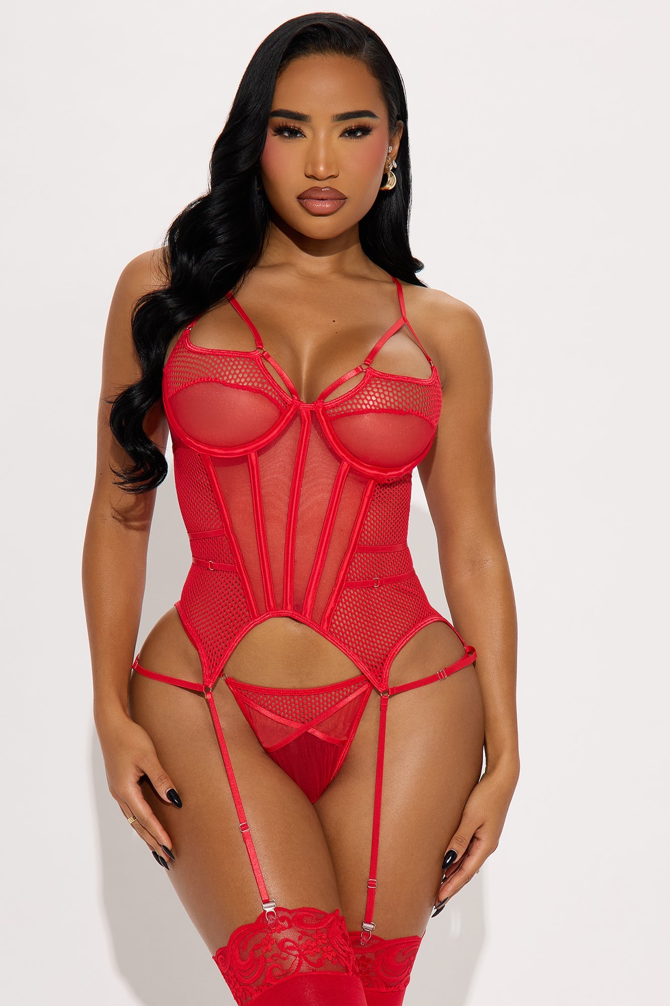 Always Desire Me 2 Piece Mesh Corset And Panty Set - Red