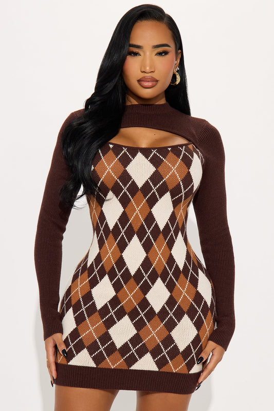 Della Argyle Sweater Mini Dress - Brown/combo