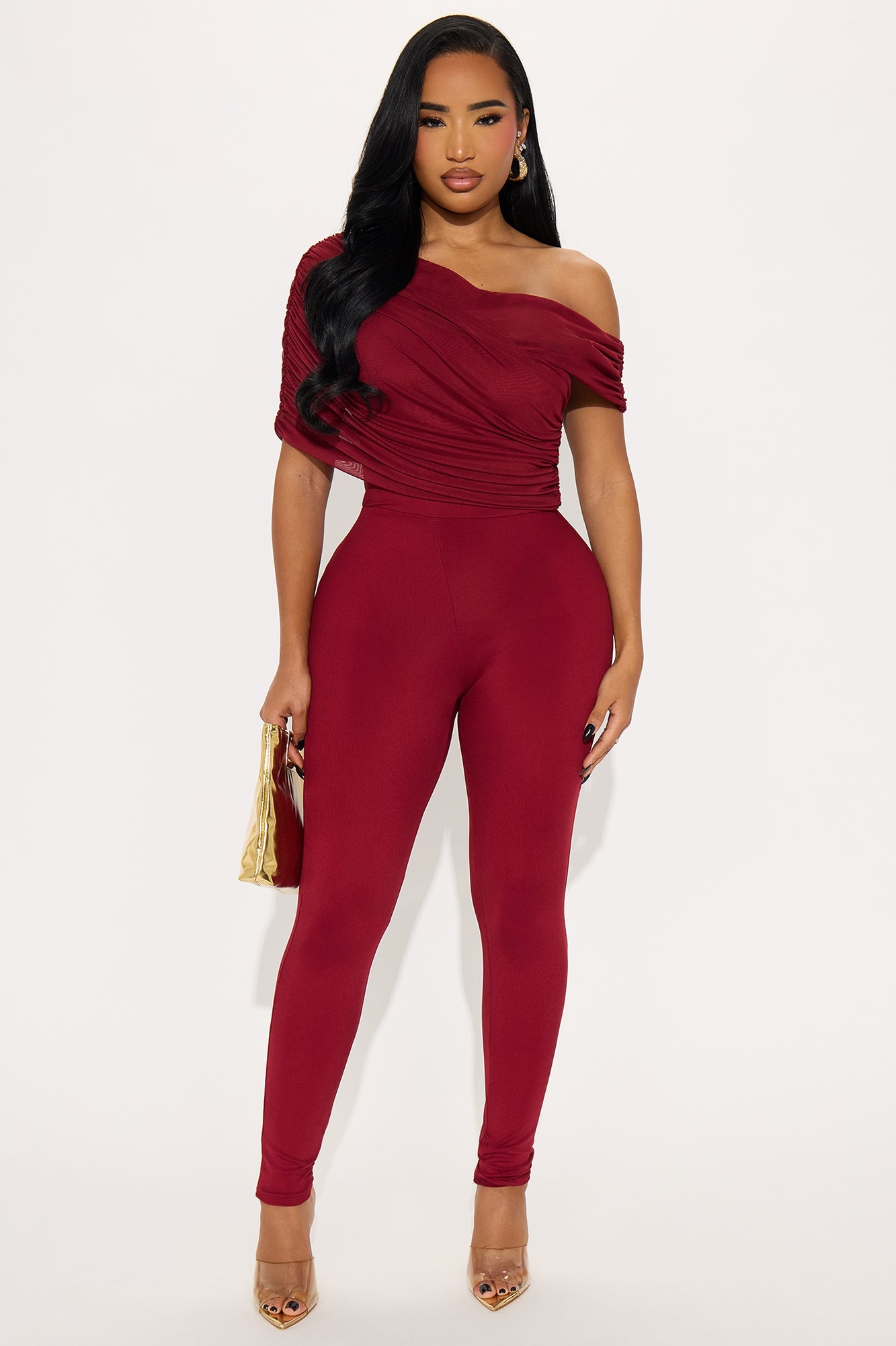Lucy Ruched Mesh Off Shoulder Jumpsuit - Burgundy