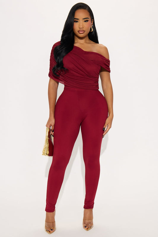 Lucy Ruched Mesh Off Shoulder Jumpsuit - Burgundy