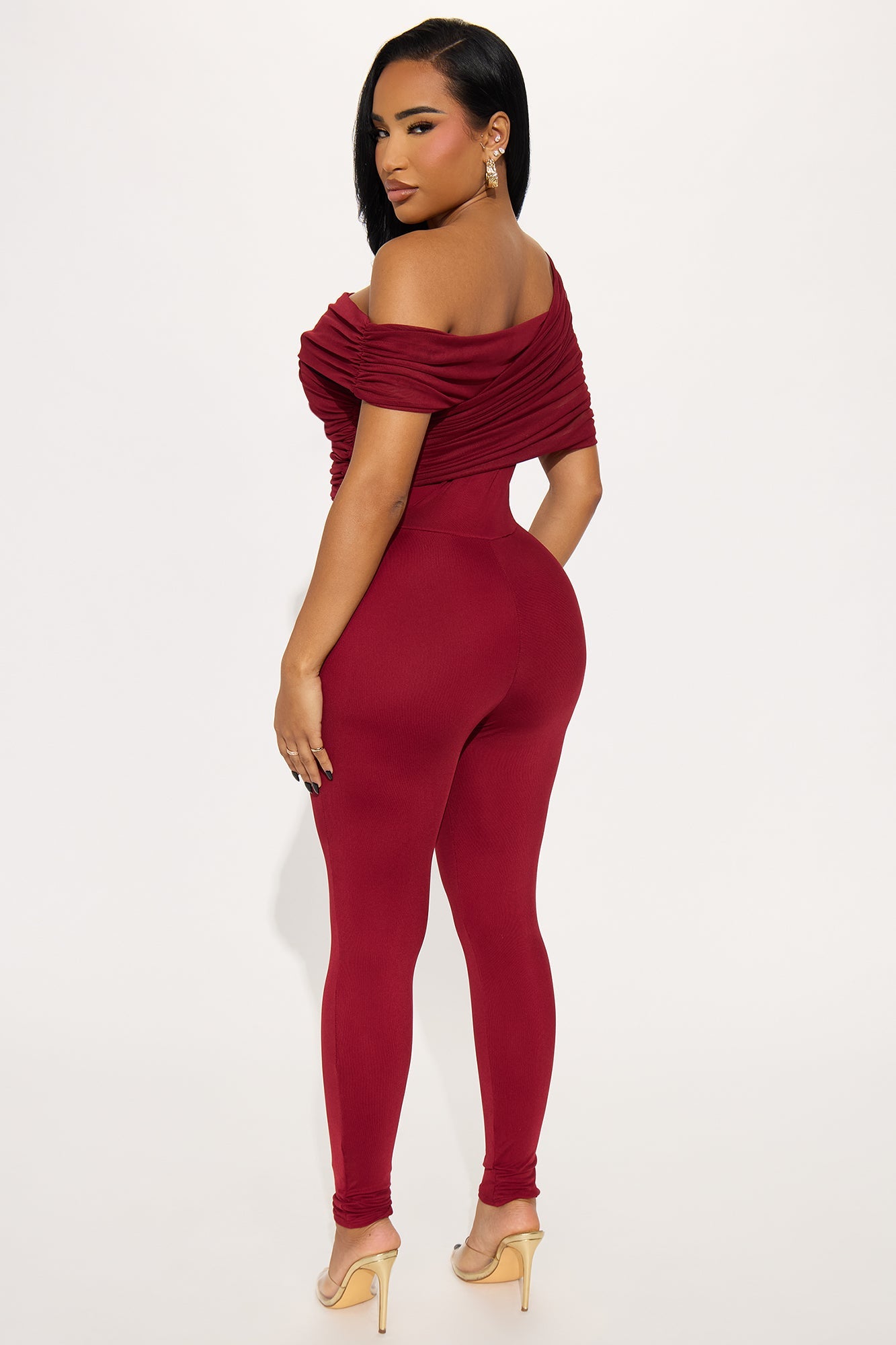 Lucy Ruched Mesh Off Shoulder Jumpsuit - Burgundy