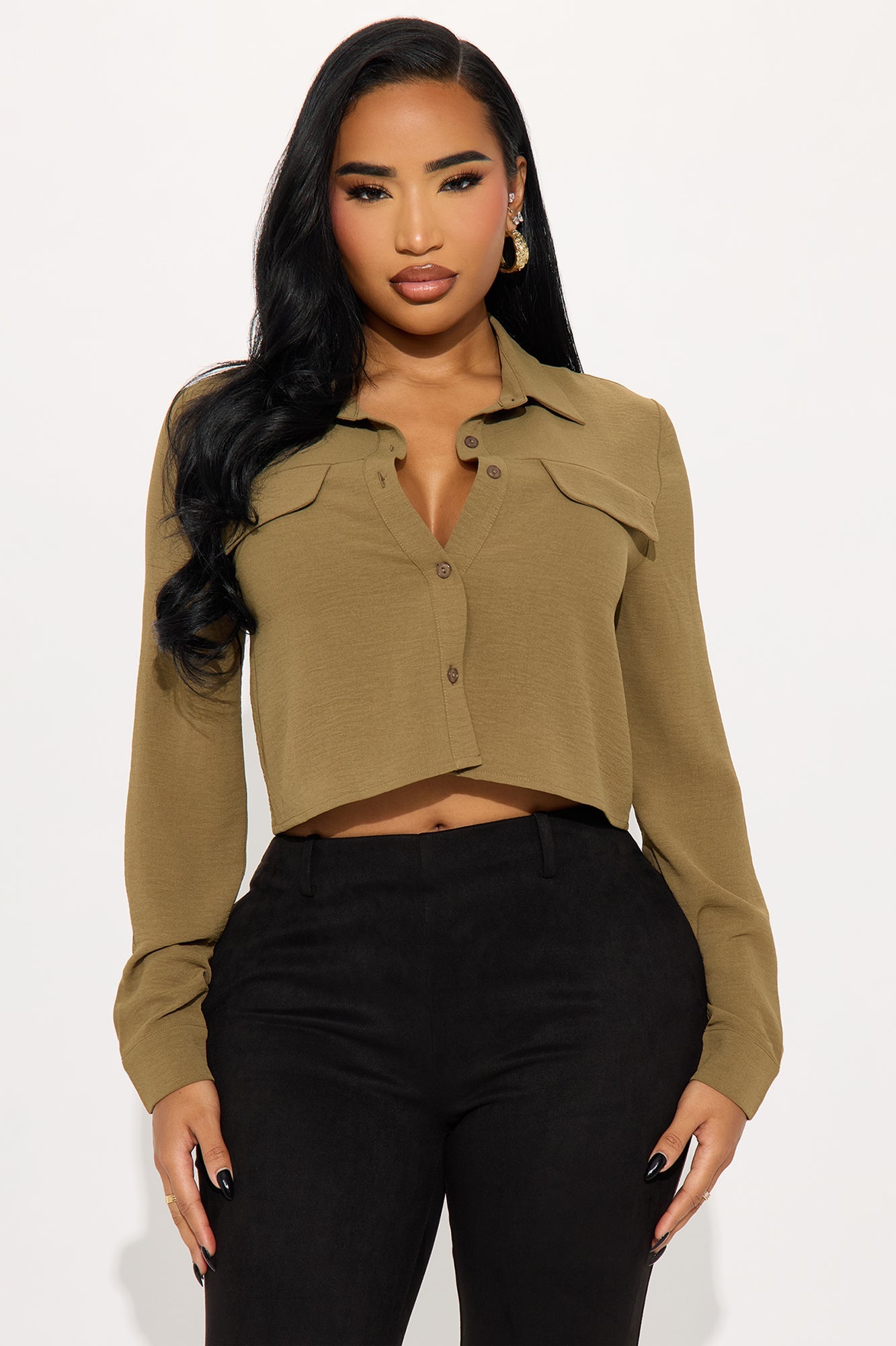 Allie Cropped Airflow Shirt - Olive