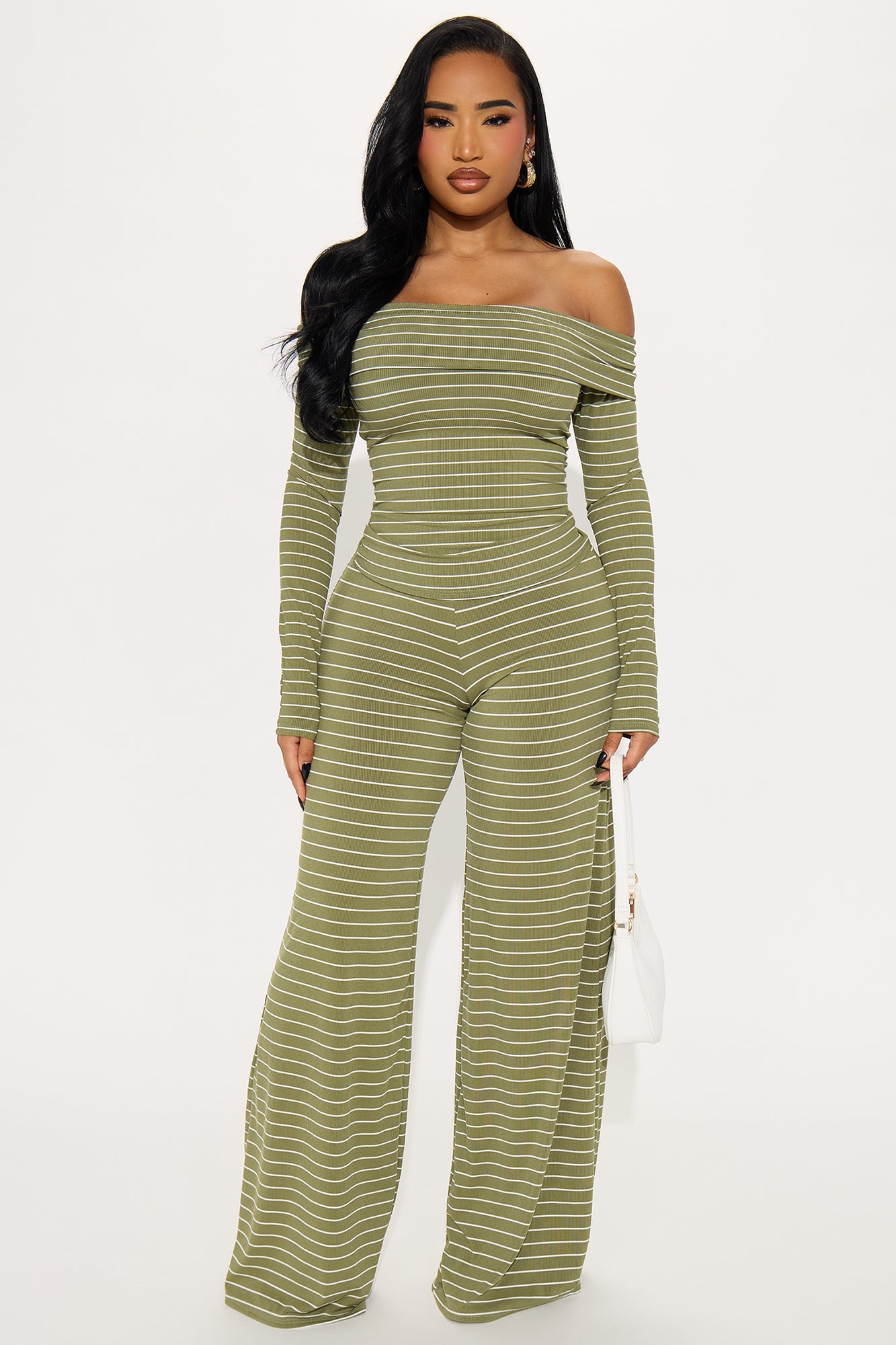 Esme Off Shoulder Long Sleeve Pant Set - Olive