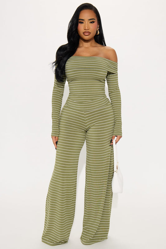 Esme Off Shoulder Long Sleeve Pant Set - Olive