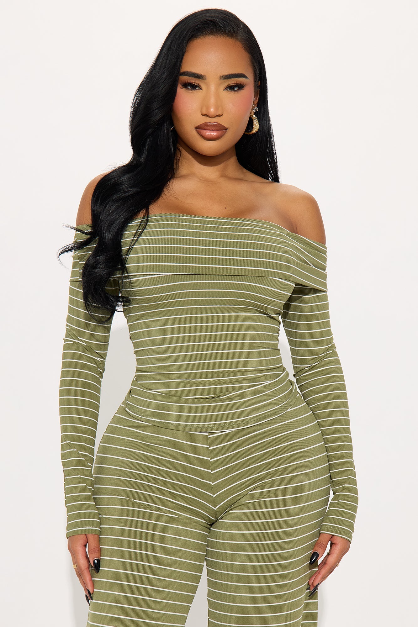Esme Off Shoulder Long Sleeve Pant Set - Olive