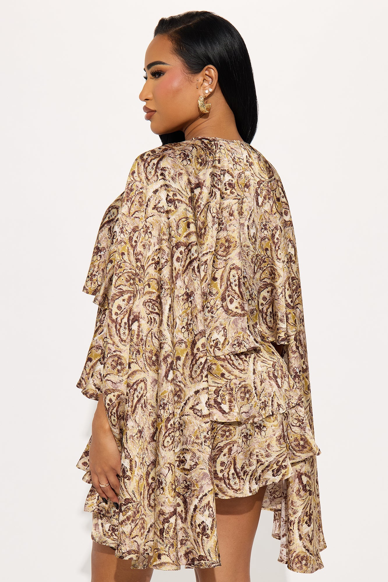 Ilana Ruffle Draped Satin Mini Dress - Taupe/combo