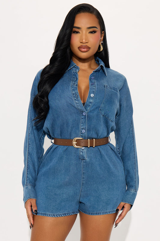 Dariela Belted Romper - Medium Wash