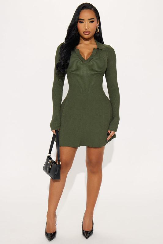 Soft Season Long Sleeve Sweater Mini Dress - Olive