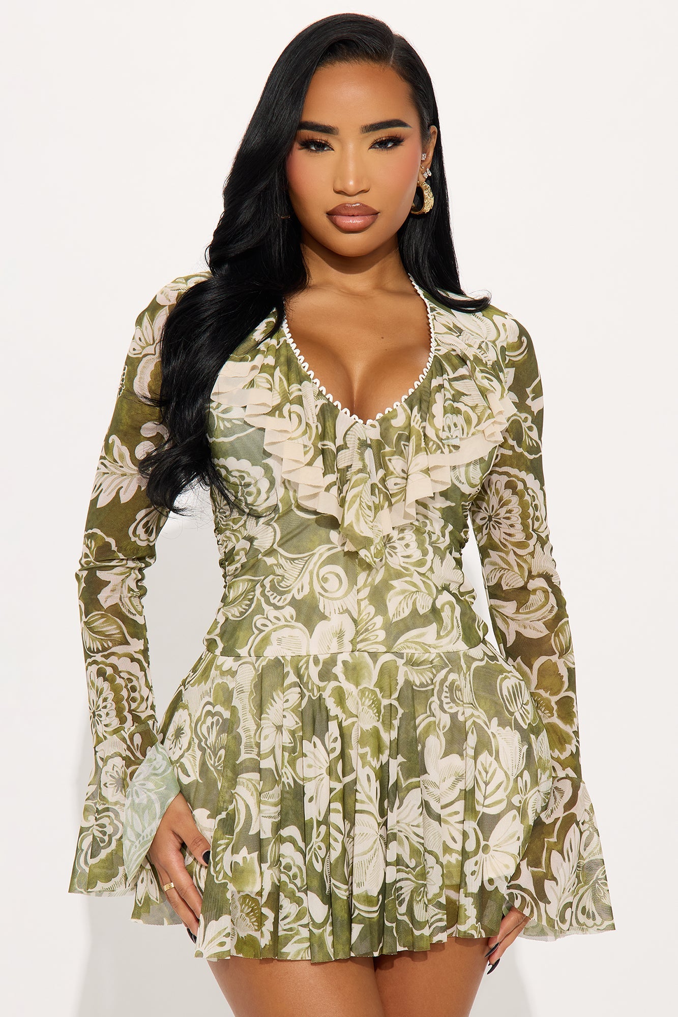 Ivy Ruffle Mesh Mini Dress - Green/combo