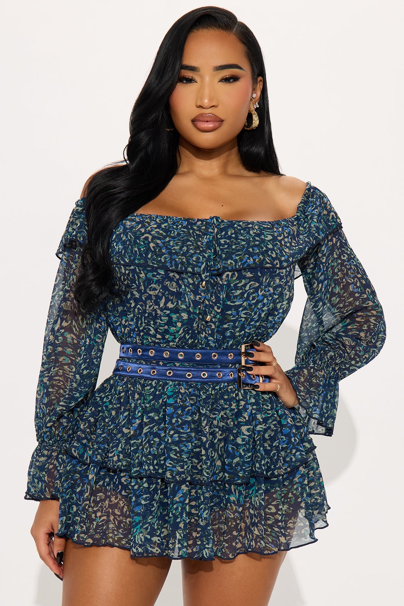 Aven Ruffle Chiffon Mini Dress - Blue/combo