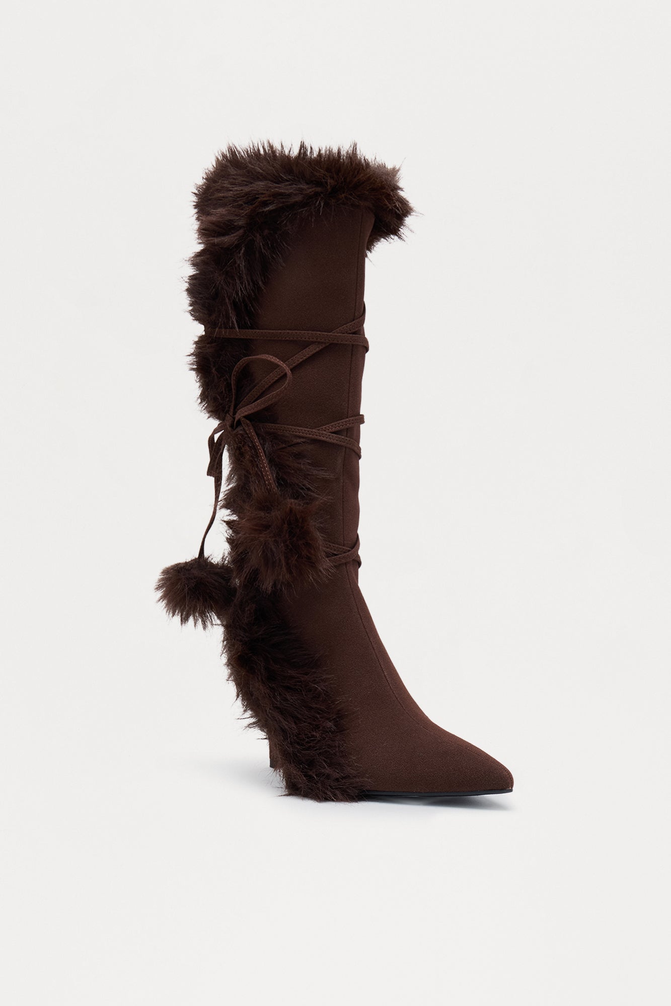 Pompom Faux Fur Boots - Chocolate