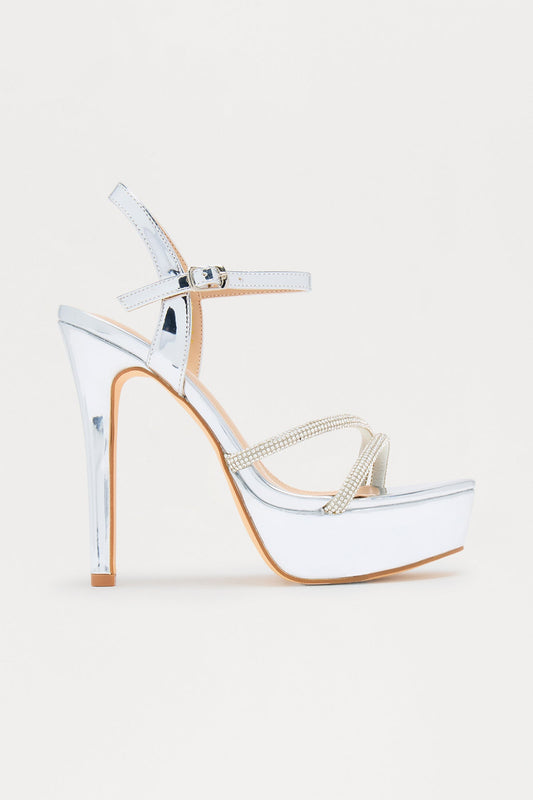 Haisley Rhinestone Trim Platform Heels - Silver