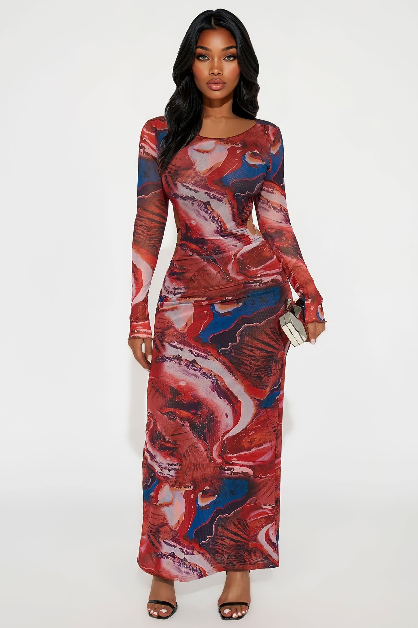 Sexy Sabotage Backless Mesh Maxi Dress - Red/combo