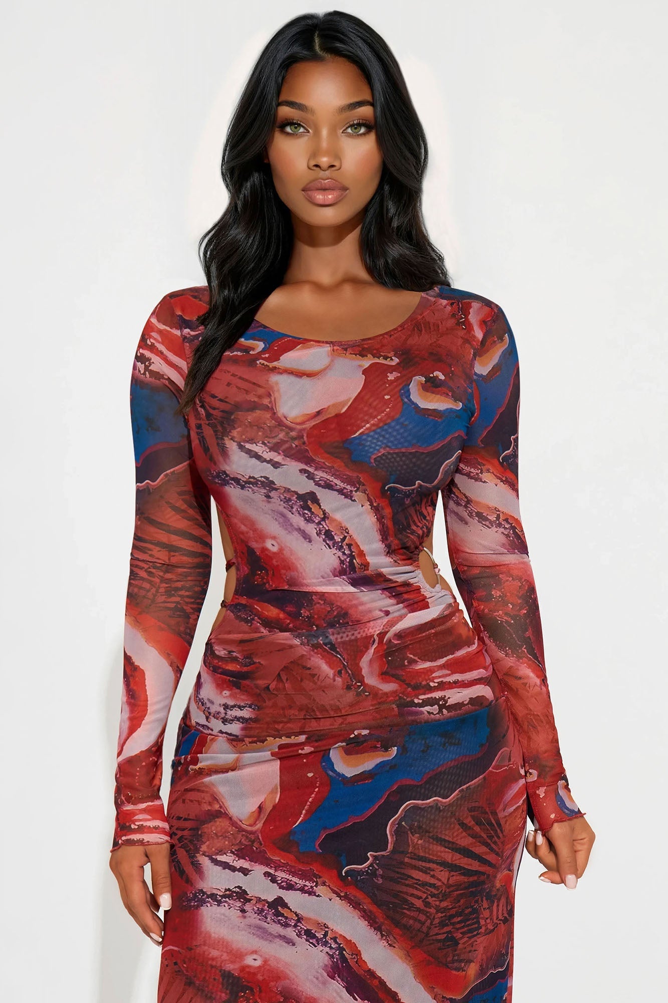 Sexy Sabotage Backless Mesh Maxi Dress - Red/combo